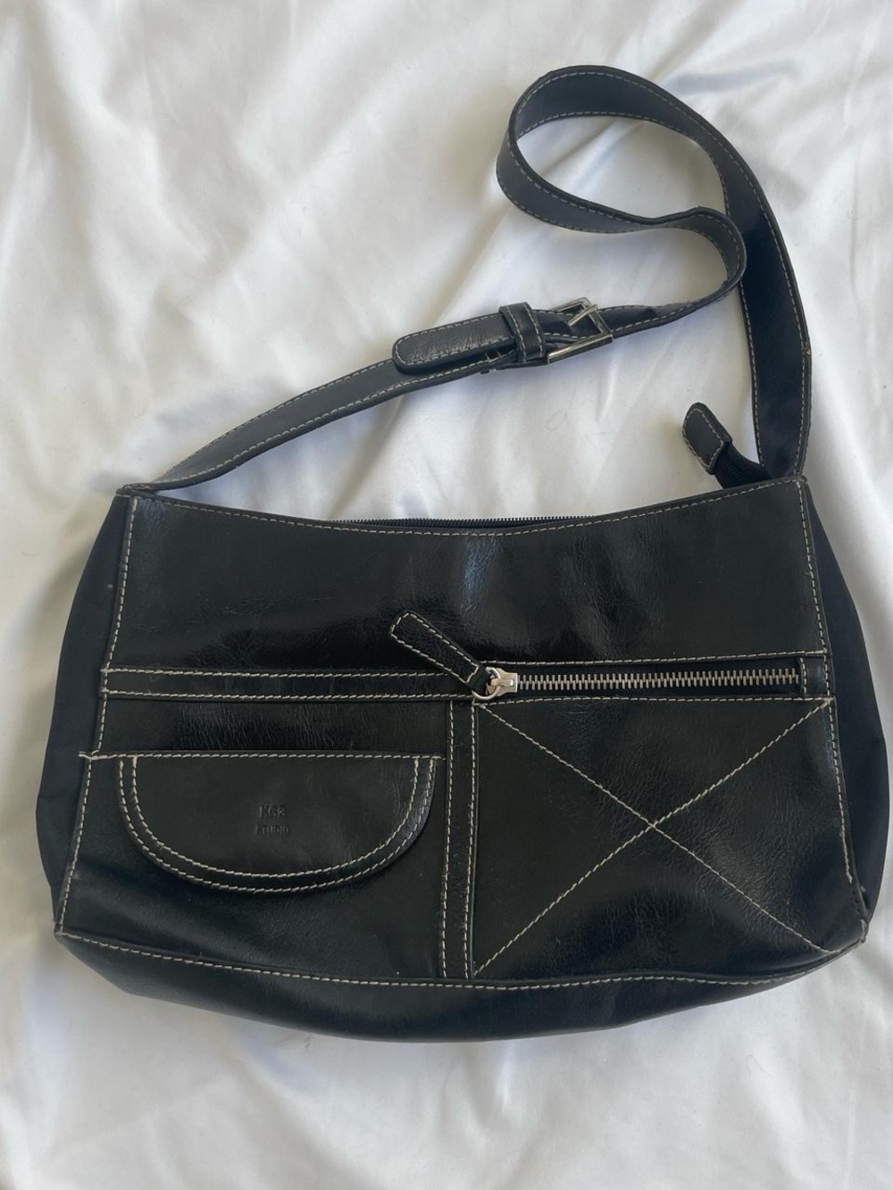 Black Leather Shoulder Bag with Contrast Stitching